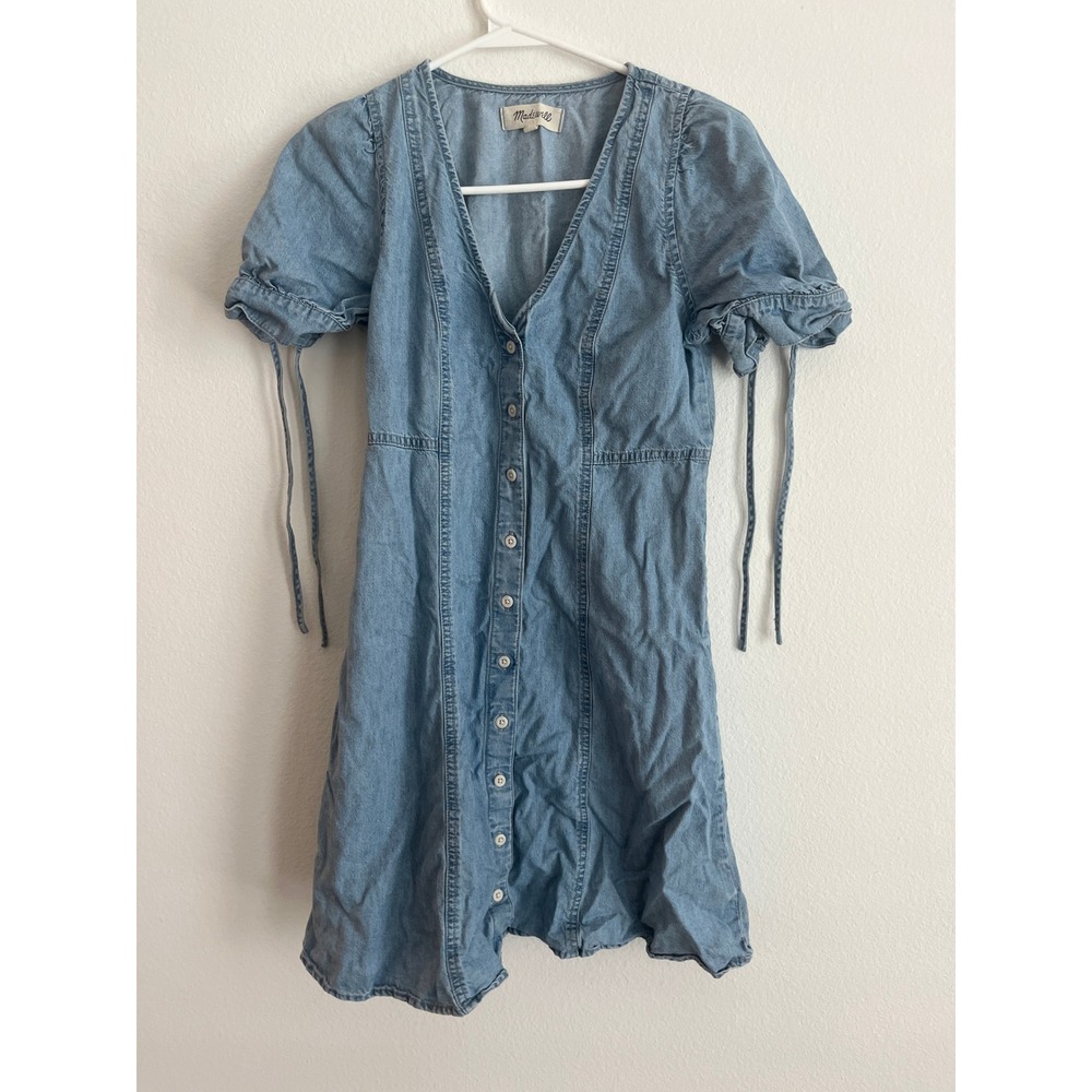 Madewell Denim Mini Dress Light Wash Button Front Puff Sleeve Tie Detail Size 0